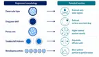 Diagram linking dense outer layers, drug-poor shells, porous cores, tunable shell thickness and monodisperse particles to potential formulation functions.